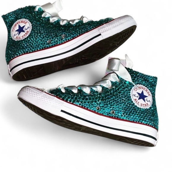 Teal Crystal Diamond High Top Converse Sizes 5-14 New In Box With Ribbon Lacs - Picture 3 of 14
